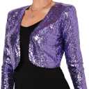 Women's Sequin Shrug Jacket Long Sleeve Open Front Glitter Blazer Bolero Wedding Party Sparkly Cropped Cardigan (Purple, M)