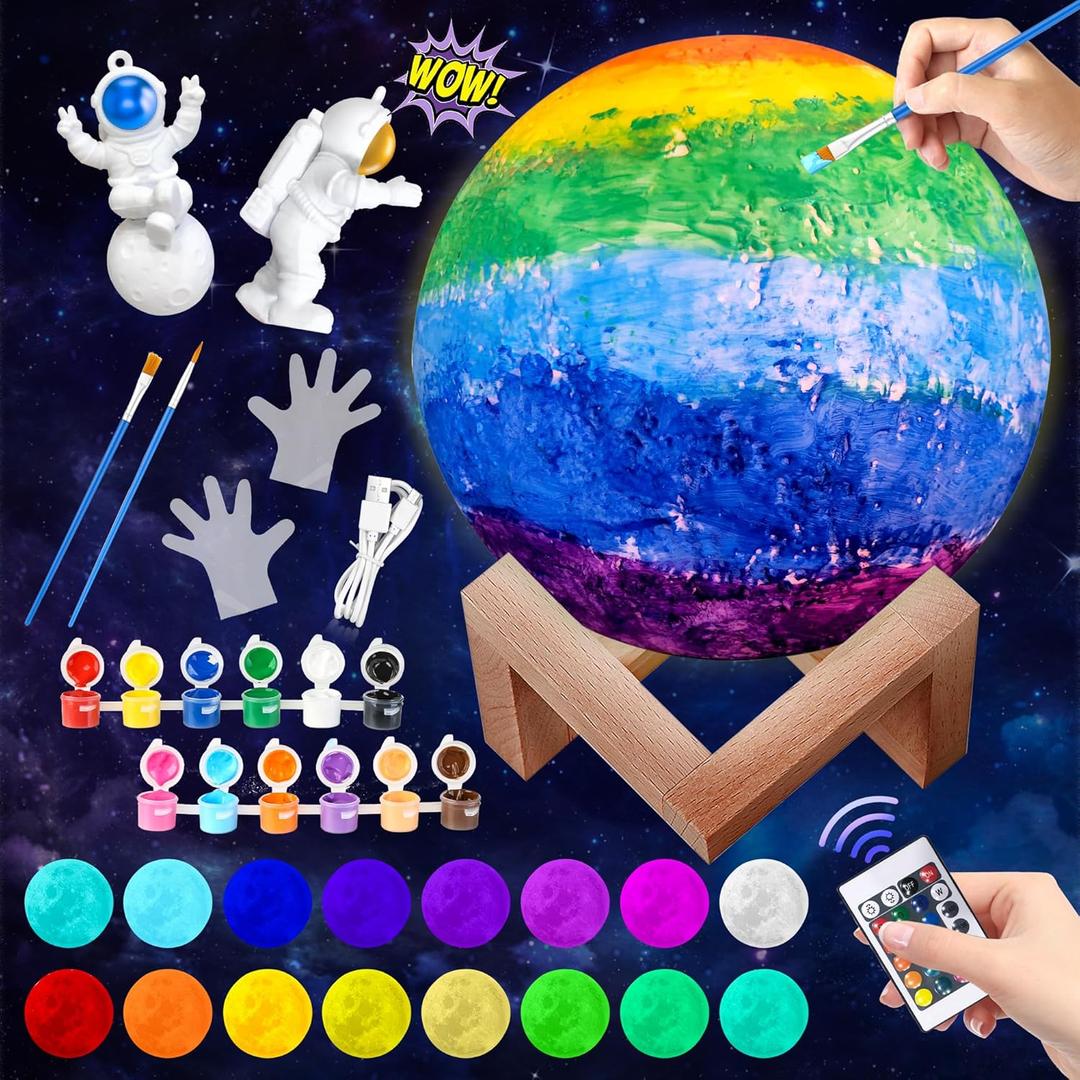 Paint Your Own Moon Lamp Kit, 16 Colors Rechargeable Night Light, Arts and Crafts Kit Art Supplies for Kids Ages 9-12,Valentines Crafts Kit for Teen Girls Boys, DIY Galaxy Lamp for Bedroom Space Decor (Fashion)