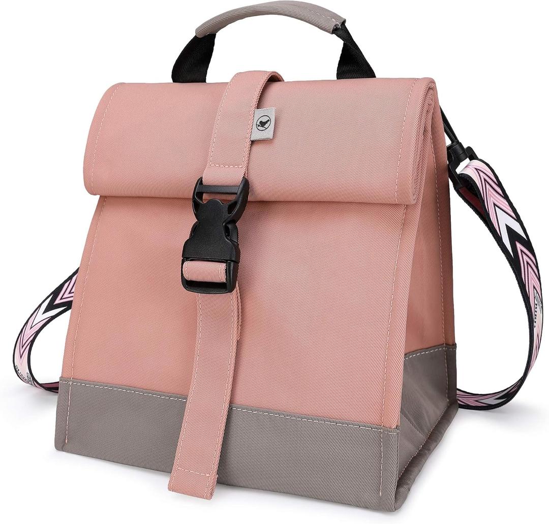 SUNNY BIRD Insulated Lunch Bag Pink Lunch Box Small Cooler Bag for Women, Girls, Adults and Teens (Pink with pink shoulder strap)