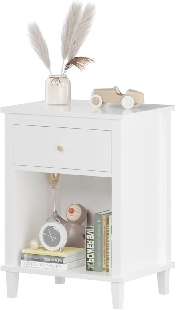 Nightstand with Drawer, 26.77''H Wooden Nightstands with Drawer & Open Storage Shelf, White Wooden Bedside Table End Table for Bedroom & Small Spaces, End Table/Bedside Table for Kids Adults