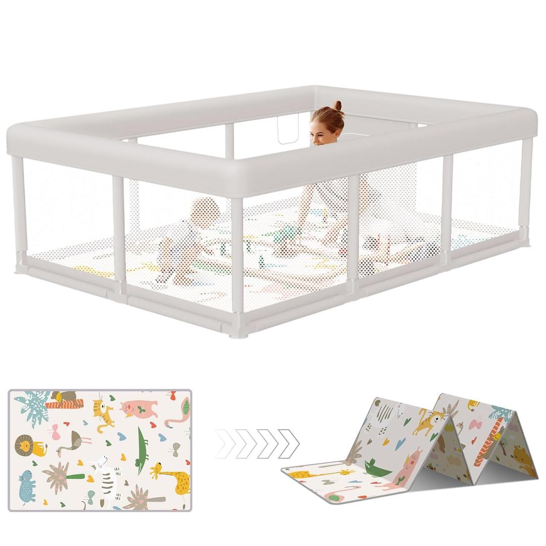 Hiaksedt Large Baby Playpen 74x50 in PlayPen for Babies and Toddlers | Play Yards for Indoor & Outdoor with Zipper Gates, Breathable Mesh with Mat,Grey with mat