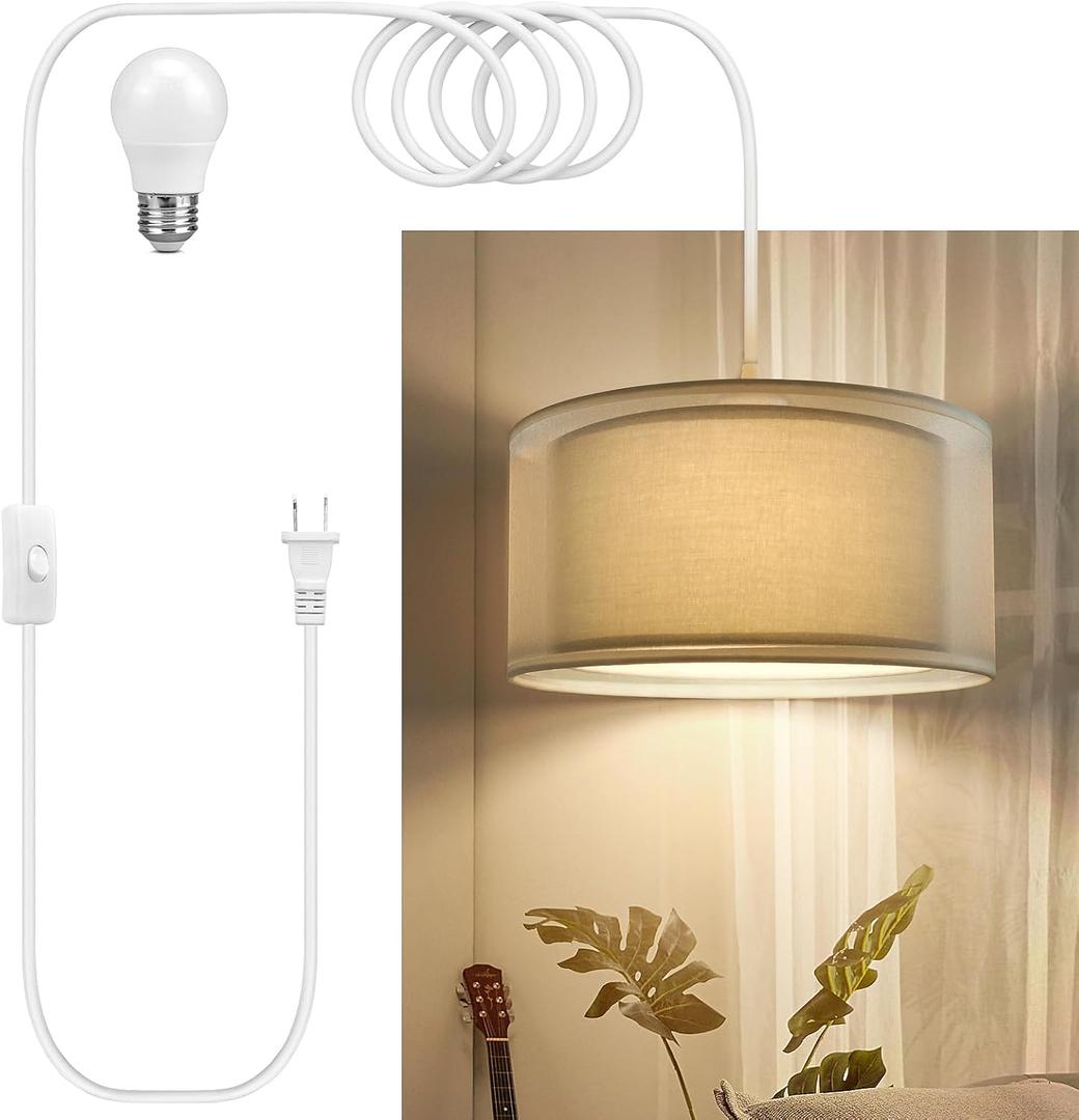 Plug in Pendant Light, 15FT White Cord Hanging Lights with Plug in Cord, Hanging Light with On/Off Switch, Double Linen Shade Fabric Design, Pendant Llight Fixture for Bedroom Restaurant Beige