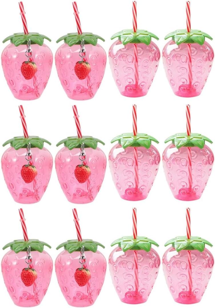 3 x DOITOOL Strawberry Plastic Cups with Lids and Straws 12 Pcs Party Drinkware Set for Girls Summer Pool Hawaiian Themed Parties Adorable Strawberry Tumbler Cups
