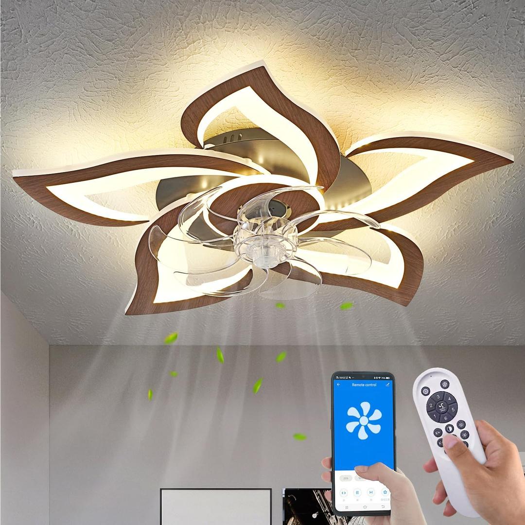 Modern Ceiling Fan with Lights, Flush Mount Ceiling Fan with Remote, Low Profile Ceiling Fan with 3 Light Color 6 Speeds, bladeless Ceiling Fans for Kitchen Bedroom (Malnutcolor)
