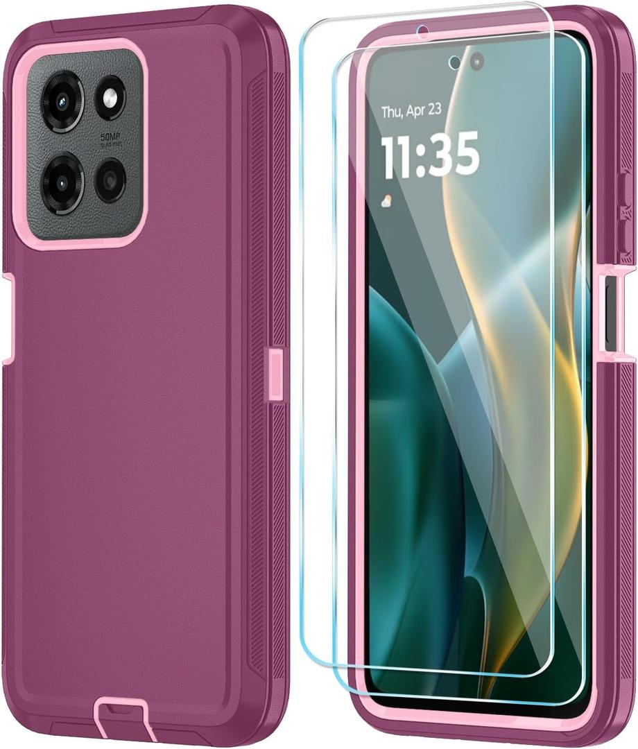 Qinmay Phone Case for Motorola Moto G 2025/Moto G Play 5G 2025 Case with HD Screen Protector, Heavy Duty Shockproof & Dropproof 3-Layer Cover Phone Case,WineRedPink