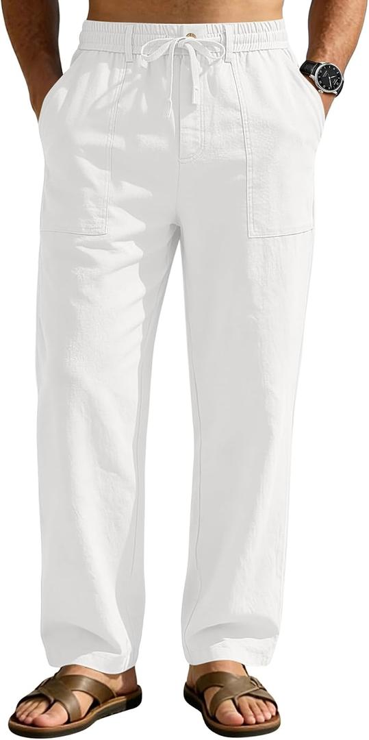 Linen Pants Men Casual Elastic Waist Drawstring Loose Straight with 4 Pockets (White, XL)