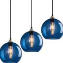 Blue Glass Pendant Lights Kitchen Island Lighting Globe Pendant Light Fixtures Modern Pendant Lighting for Kitchen Island Bedroom Living Dining Room Light Fixture(7.87in, 3-Pack)