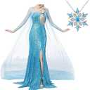 Choadam Princess Coronation Dress Snow Queen Adult Women Cosplay Wig Necklace Costume Cosplay Halloween Blue, S=2-4 size