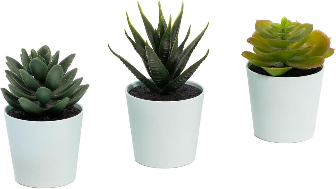 Artificial Succulents Set of 3 Mini Realistic Fake Plants with Plastic Pots for Home and Office Decoration, 4in (H) x 3in (W)-Baby Blue Pot