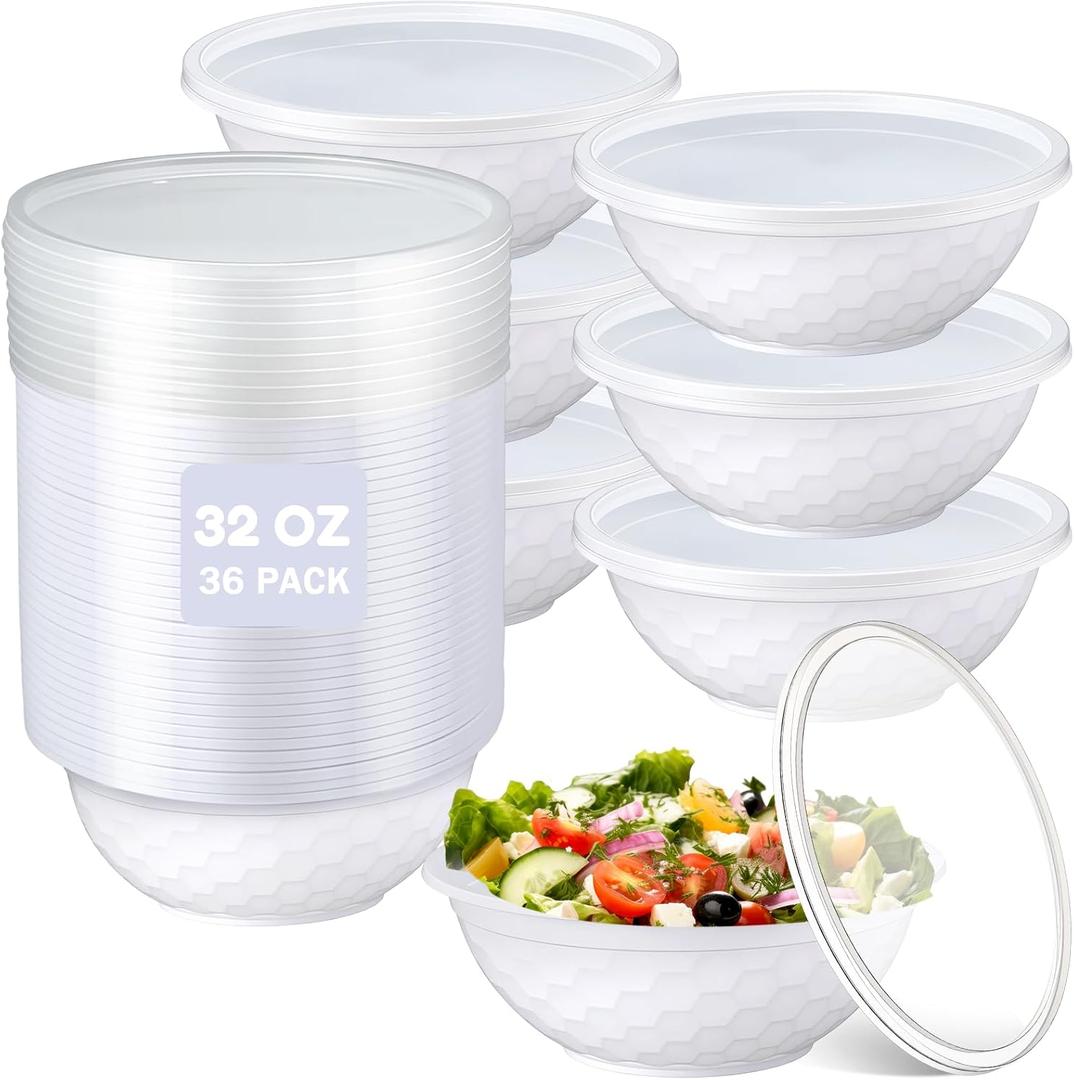 36 Pack 32 oz White Disposable Plastic Bowls with Lids Large Plastic Salad Bowls Stackable Serving Soup Dinnerware for Snack Fruit Candy Dinner Birthday Wedding Holiday Party Supplies, 946.24 ml/ 32 oz