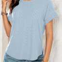 Dokotoo Women's Short Sleeve Shirts Dressy Casual 2026 Cute Crew Neck Loose Fit Summer Tops Hollow Out Lace Embroidered Fall Blouses Shirts Business Outfits Ladies Tops (Beau Blue,XX-Large) (XXL)