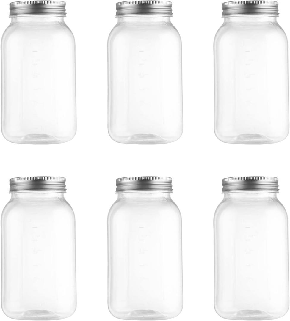 novelinks 32 oz Clear Plastic Mason Jars with Silver Lids BPA-Free, Leakproof, Reusable Storage Containers for Kitchen, Pantry, and DIY Crafts Dishwasher Safe - 6 Pack