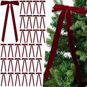Giegxin 30 Pcs 11 x 5.5 Inches Velvet Bows for Christmas Tree Wreath Garland Ornaments Large Xmas Vintage Double Velvet Ribbon Bows for Xmas Home Decor Indoor Outdoor Holiday Decorations(Burgundy)