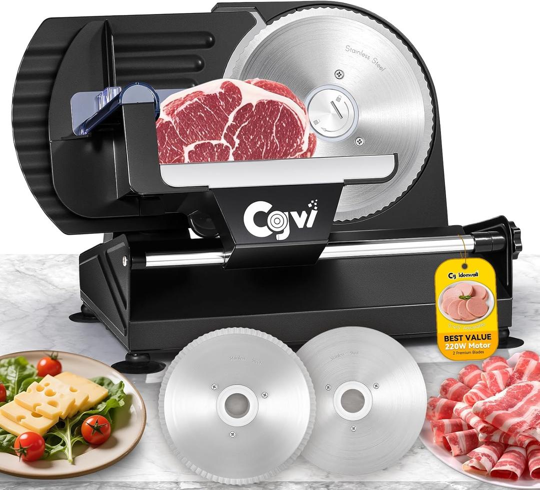Meat Slicer, 220W Electric Deil Food Slicer with 2 Removable 7.5" Blades, 4/5" Adjustable Thickness, Food Slicer Machine for Home Cutting Meat Cheese Bread Vegetables, 110V CE (Black)