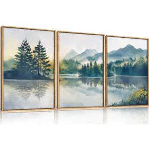 HPNIUB Large Green Mountain Framed Canvas Wall Art Set, Nature Foggy Forest Lake Reflection Wall Decor,Modern Pine Tree Artwork,Watercolor Landscape Art Print for Living Room,Bedroom,Office-24 x36 x3