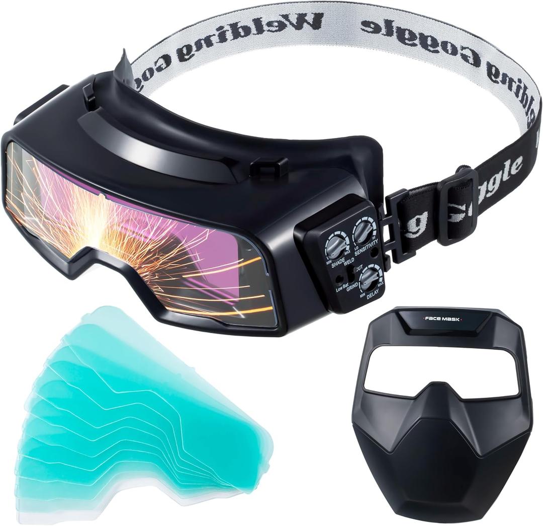 Meonum Auto Darkening Welding Goggles, Wide Rang Shade 4/5-9/9-13, Welding Glasses with Welder Mask and 10 Replacement Lenses, Adjustable Sensitivity work for TIG MIG ARC Plasma Cutting