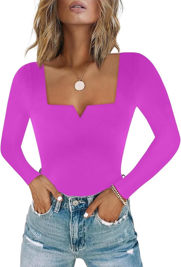 Chunpin Women's Long Sleeve Bodysuit Square Neck Notch V Neck Body Suits Double Lined Going Out Outfits Thong Bodysuits, S