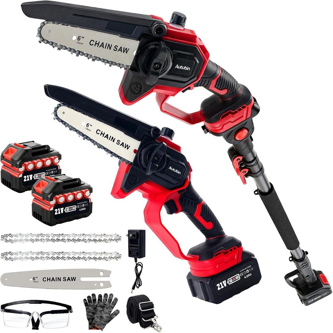 Electric Pole Saw for Tree Trimming 6'', Extendable Cordless 2-in 1 Pole Saw Mini Chainsaw, Brushless Motor, Battery Operated with 2*4.0Ah Batteries&Charger, Extension Pole for 16 FT Max Reach