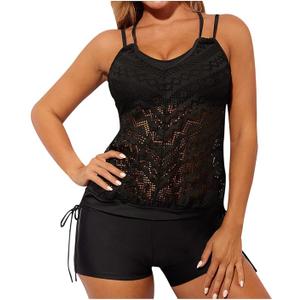 Women's Crochet Hollow Out Tankini Swimsuits 2 Piece Blouson Bathing Suit Sexy Lace Swimwear with Swim Shorts, Extra Large, Black 