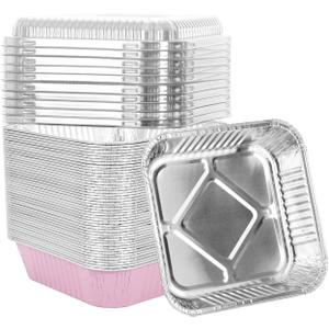 50 Pack 8"x8" Aluminum Pans with Plastic Lids,Disposable Tin Foil Pan For Cooking Baking Cakes Breads Square Food Containers for Heating Roasting Preping Storing,Pink
