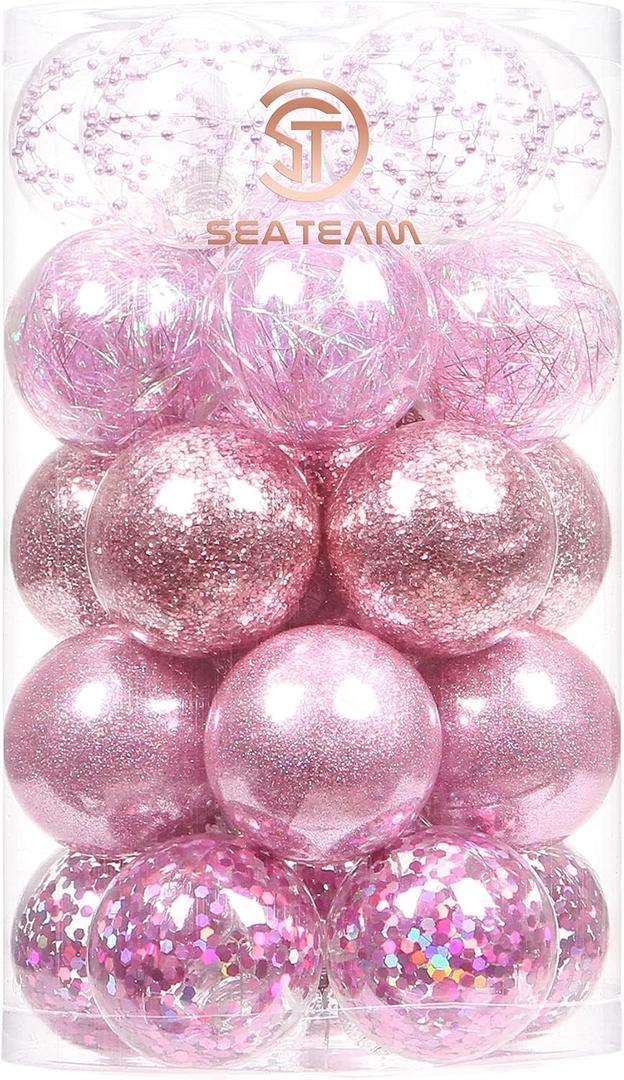 Sea Team 60mm/2.36" Shatterproof Clear Plastic Christmas Ball Ornaments, Transparent, See-Through, Crystal Baubles, Bulbs with Stuffed Delicate Decorations for Xmas Tree (30 Counts, Pink)