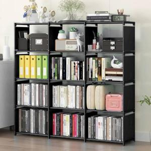 12 Cube Storage Organizer Book Shelves, DIY Open Stackable Bookshelf, Extra Large Plastic Bookcase Rack for Bedroom, Living Room, Home Office, Black