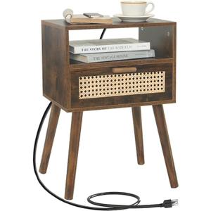 MaxSmeo Small Nightstand with Charging Station, Rattan Side Table Mid Century Modern Bedside Table for Bedroom, Living Room and Small Spaces, Solid Wood Legs (Rustic Brown)