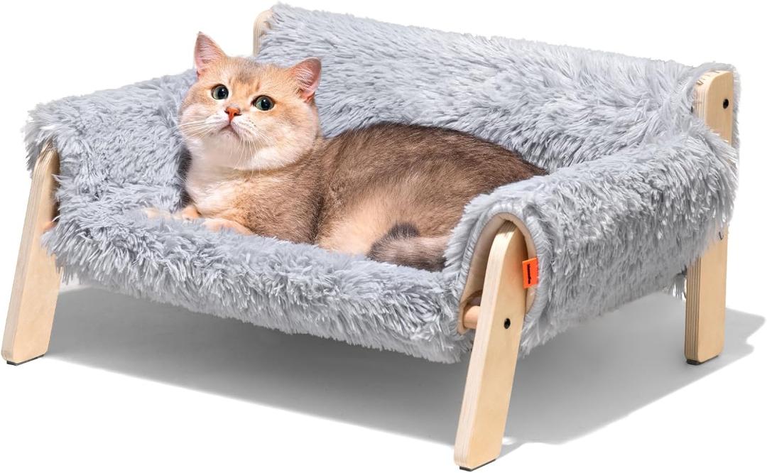 MEWOOFUN Cat Couch Bed, Pet Sofa for Indoor Cats Wooden Indoor Elevated Cat Beds with Removable Mattress Cover Suitable for Kitty, Puppy or Small Animal (Grey, Medium)