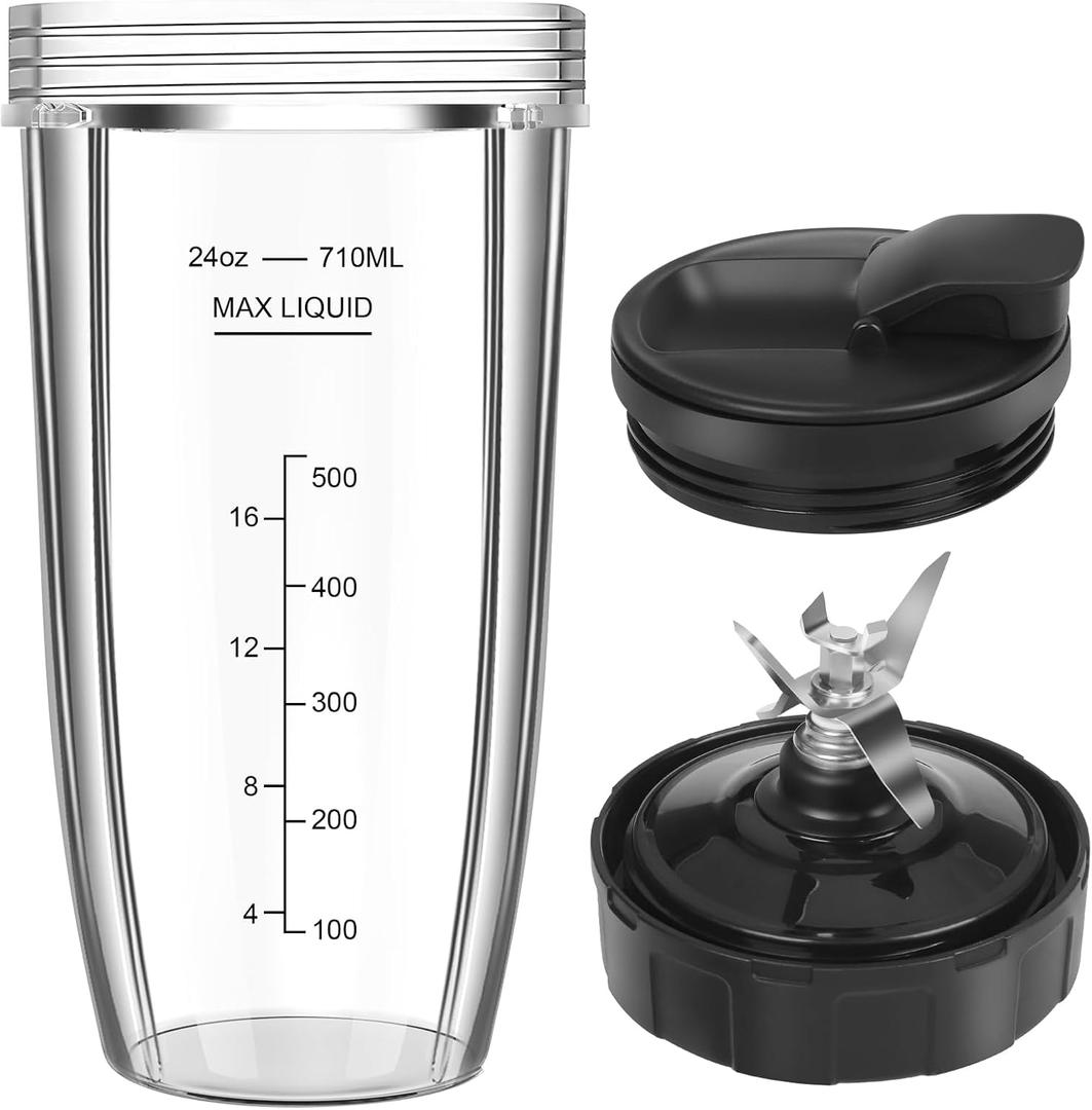 Blender Replacement Parts for Ninja, 24oz Ninja Blender Cup Replacement with To-Go Lid & 7-Fins Extractor Blade for Nutri Ninja Blenders BL2012 NN100-30 BL480-30 BL640-30 BL642-30 BN801 3pcs