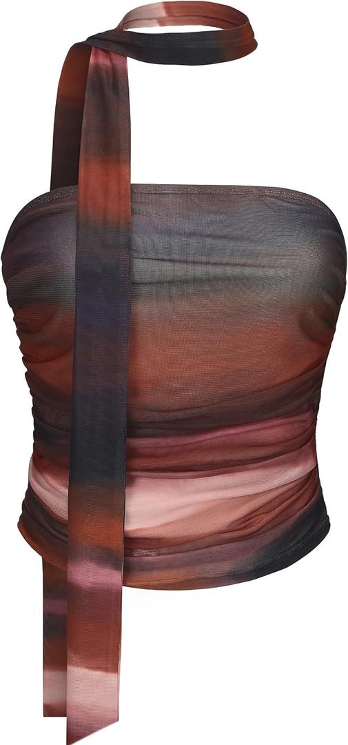 Women's Leopard Print Tube Top Cheetah Print Top Ruched Strapless Mesh Halter Tops for Women Going Out Party (M)