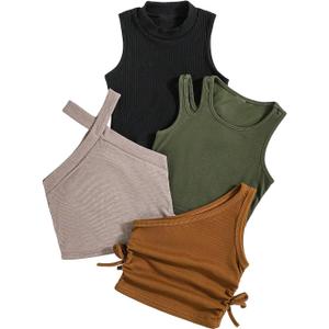 OYOANGLE Toddler Girl's 4 Pack Ribbed Knit Crop Tank Tops Set One Shoulder Summer Camisole Black and Green 5Y