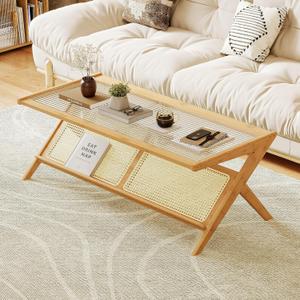 Bamworld Rattan Coffee Table Mid-Century Modern Coffee Table BambooTable with Glass Top for Living Room Office (Nature)