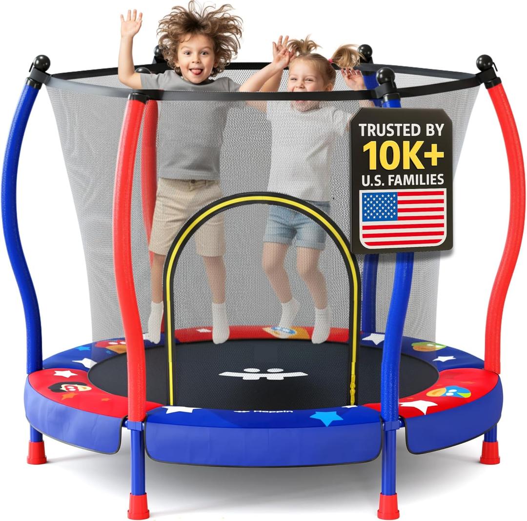 Happin 55'' Toddler Trampoline Indoor & Outdoor, 5FT Recreational Kids Trampoline Indoor Ages 1-8, Safety Trampolines for Kids with Safety Enclosure Net, Gifts for Toddler Boys & Girls (Blue & Red)
