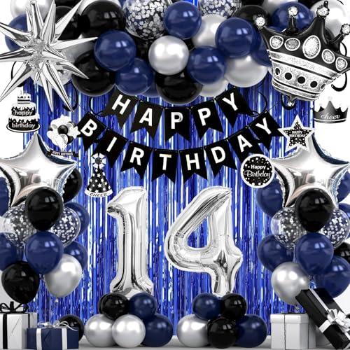 14th Birthday Decorations for Boys and Girls, Black Blue Silver Happy Birthday Number 14 Balloons, Banner, Fringe Curtains Garland Kit - 14 Year Old Party Supplies