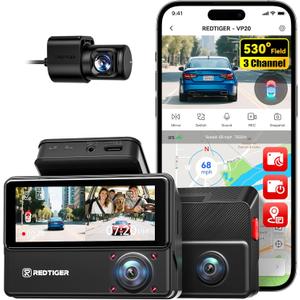 REDTIGER 530° Dash Cam 3 Channel, 2.5K+2.5K+1080P Triple Car Camera with 128GB Card, IR Night Vision, Touch Screen, Dashcam for Front Inside Rear Included WiFi GPS, 24H Parking Mode