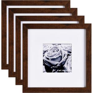 Yaetm 8x8 Picture Frame Set of 4, Brown Wood Grain Square Frame Display 4x4 with Mat or 8 x 8 without Mat, Frames 8x8 Wall Mounting (4 pack, Brown)
