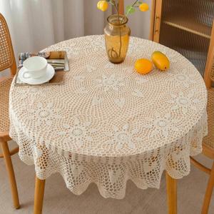 Hand Crochet Lace Round Tablecloth Decorative Handmade Rustic Farmhouse Cotton Beige Fabric Table Cover 48 inches Diameter