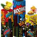 SmoothNovelty 3 Pcs City Theme Hero Party Supplies Hero Cylinder Pedestal Stand Covers Spandex Plinth City Covers Cityscape Buildings Decor for Birthday Party Shower Props Decor