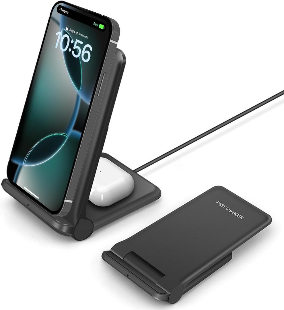 25W Wireless Charger, Foldable 2 in 1 Wireless Charging Station for Apple iPhone 16/16 Pro/15/14/13/12/11/Plus/SE/X/Airpods, PDKUAI 15W Fast Dual Wireless Induction Charge Stand for Samsung/LG (Black)
