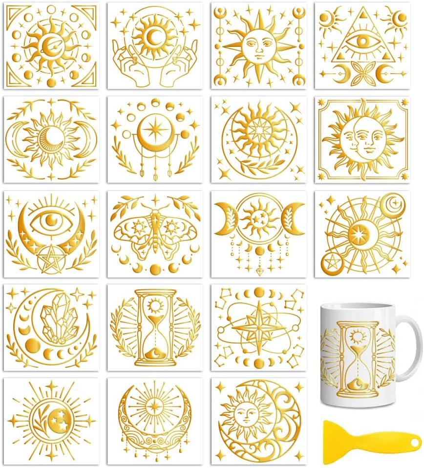 Peacoblue 18 Sheets Rub on Transfers for Crafts, Golden Sun and Moon 3.6"x3.9" UV DTF Cup Wraps Waterproof Rub on Cold Transfers Stickers for Wood Glass Metal Cup Tumblers Mirrors Mugs Home Decor