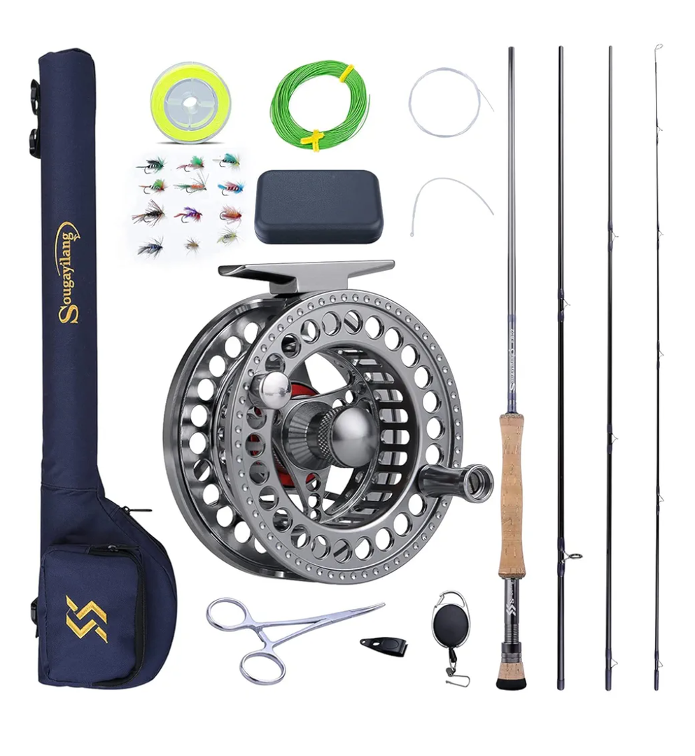 Sougayilang Fly Fishing Rod and Reel Combo, 4 Pieces Ultra Lightweight Portable Fly Rod and CNC Machined Aluminum Alloy Reel Complete Starter Package with Rod Bag