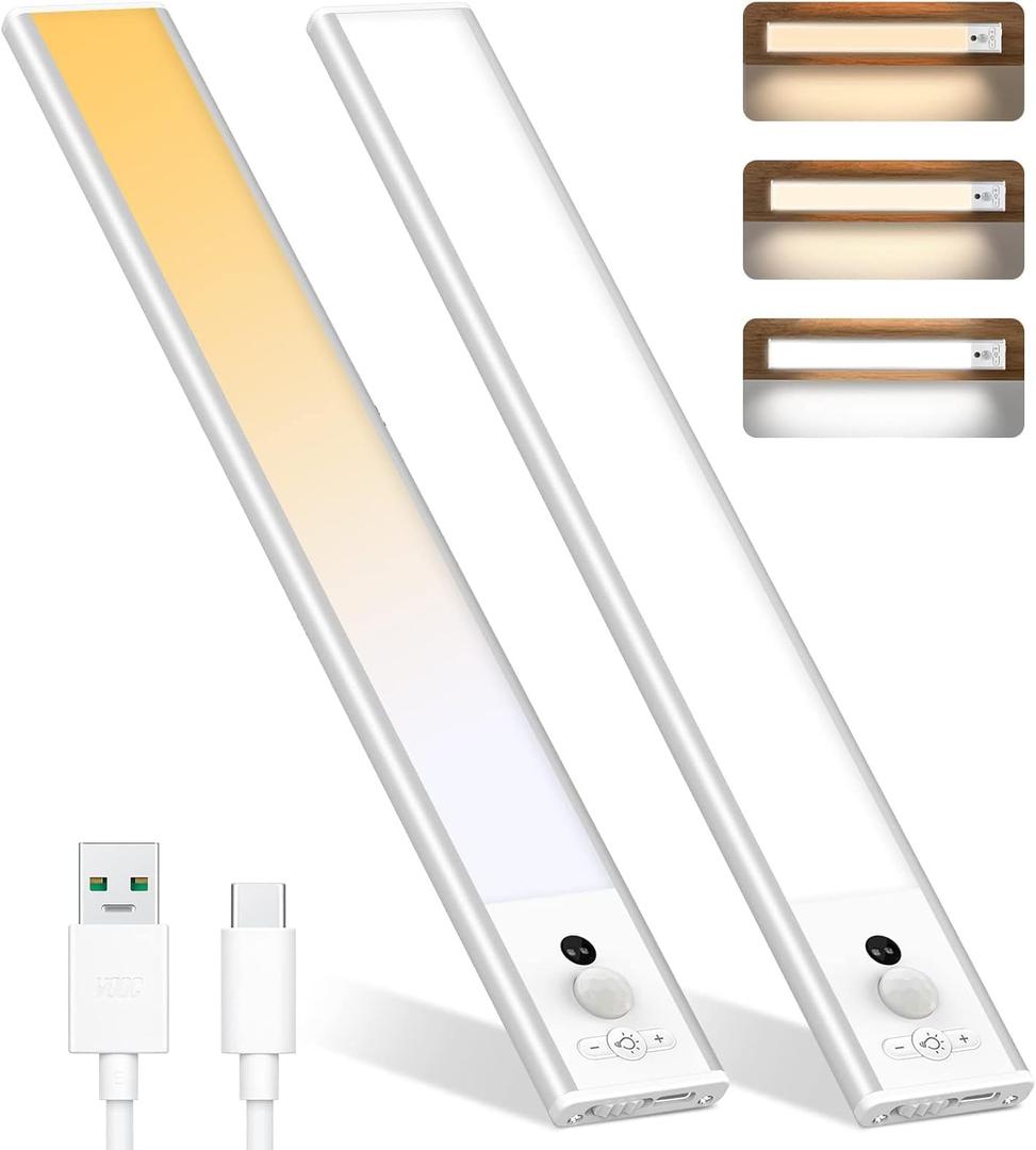 2Pcs Under Cabinet Lights, Motion Sensor Lights Indoor, Rechargeable Sensor Light, Indoor Wireless Magnetic Closet Lights, 3 Color Temperatures for Kitchen/Wardrobe/Closets/Cupboard (White)