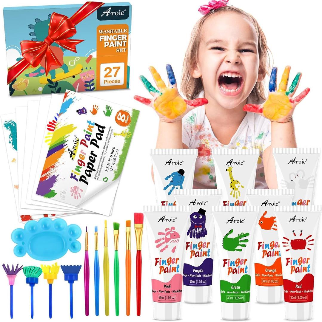 27PCS Kids Washable Finger Paint Set, 8 Colors Non Toxic Finger Paints, Finger Paint Paper, Brushes, Sponges, Art Painting Supplies for Toddlers,Finger Painting Supplies for Kids Boys Girls Gifts