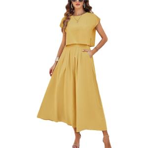HangNiFang Summer Skirt Sets Women 2 Piece Outfits Cap Sleeve Top Elastic Waist Lightweight Maxi Dress Sets with Pockets (Medium, Yellow)