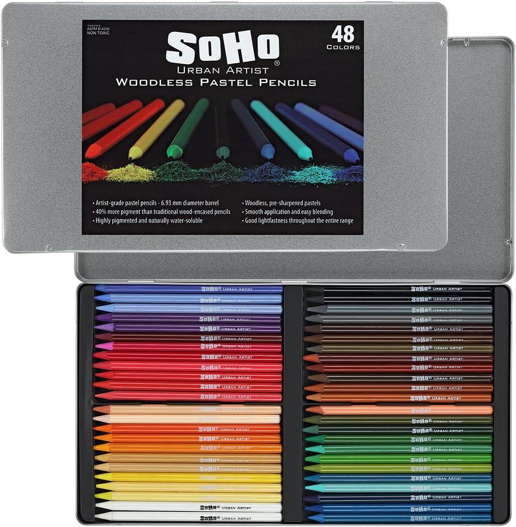 Soho Urban Artist Woodless Pastel Pencils - Set of 48, Professional Artist-Grade, 40% More Pastel, Water-Soluble, Pre-Sharpened, Easy Blending, 6.93mm Barrel, Clear Lacquered, Pack of 1, Assorted