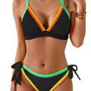 Aidonger 1 Piece Bathing Suit V Neck Shell Stitched Swimsuit Tie Side Triangle Swimwear L Black, Blue Green Color Block