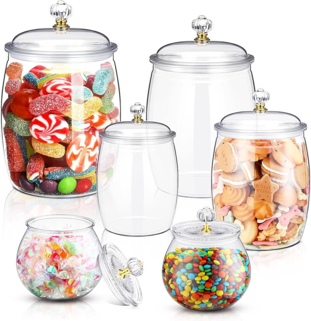 Nuogo 6 Pcs Plastic Candy and Cookie Jar with Lids Decorative Apothecary Jars Candy Buffet Containers Clear Airtight Food Storage Canister Home Decoration(80 oz,Classic)