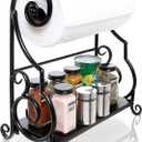 MyGift Paper Towel Holder Countertop with Shelf  Black Metal Freestanding Decorative Organizer for Kitchen, Scrollwork Design, Horizontal Storage for Spices, Napkins, and Condiments