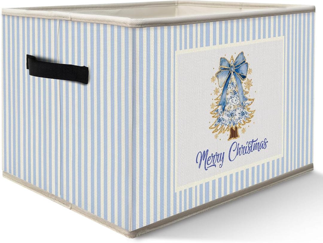 Blue Chinoiserie Christmas Tree Storage Bins Box with Handles, Gold Glitter Grand millennial Christmas Collapsible Fabric Storage Basket Box Organizer for Bedroom Bathroom Clothes Toys Books