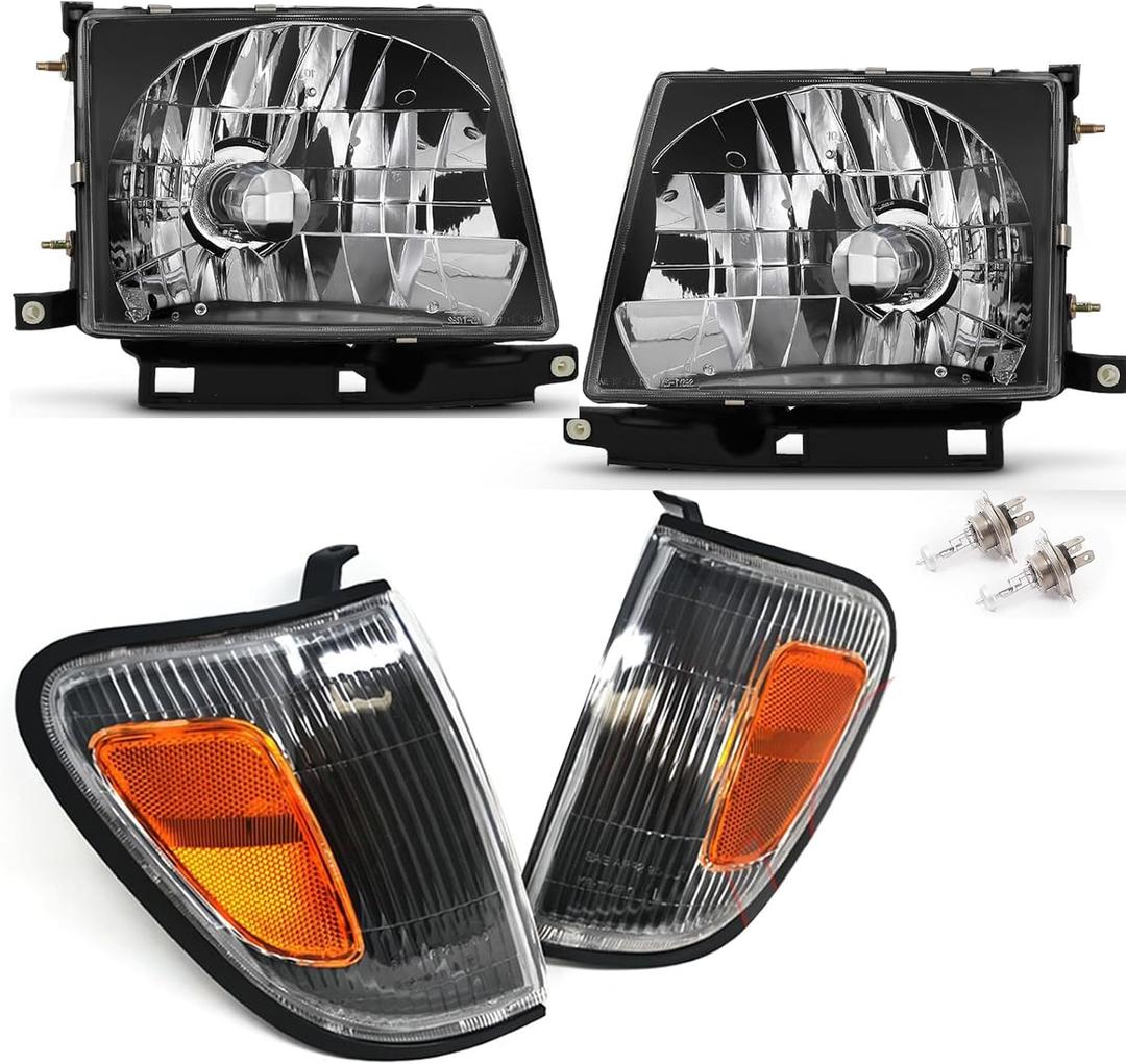4Pcs Black Amber Headlights + Parking Lights Corner Lamps Assembly Fits 1997 1998 1999 2000 Toyota Tacoma Halogen Head Lights, Clear Lens Lights Replace# TO2503120, TO2502120, TO2521154, TO2520154